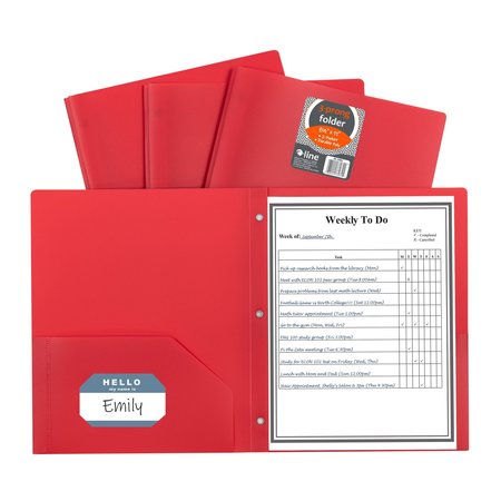 C-LINE PRODUCTS TwoPocket Heavyweight Poly Portfolio Folder with Prongs, Red Set of 25 Folders, 25PK 33964-BX